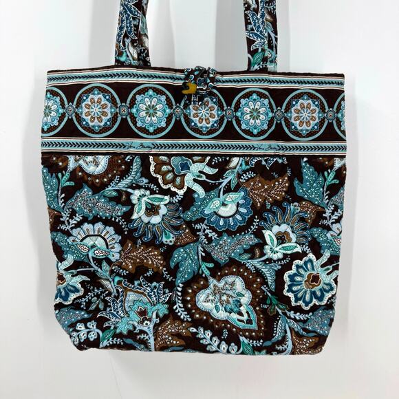 VTG Vera Bradley Tote Bag Java Blue Toggle Closure Brown Shoulder Retired Y2K - Picture 2 of 9